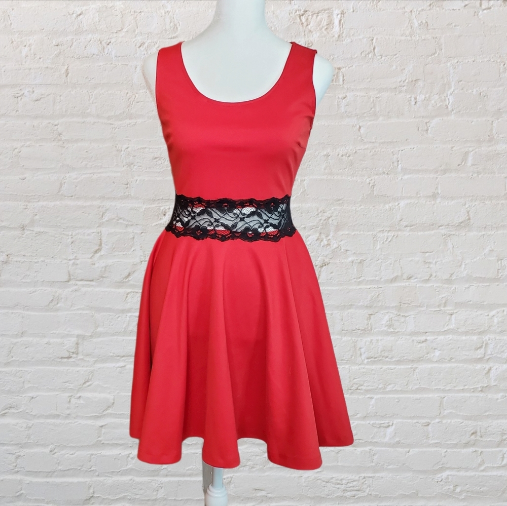 Decibel Fit and Flare Red Dress with Lace Waist